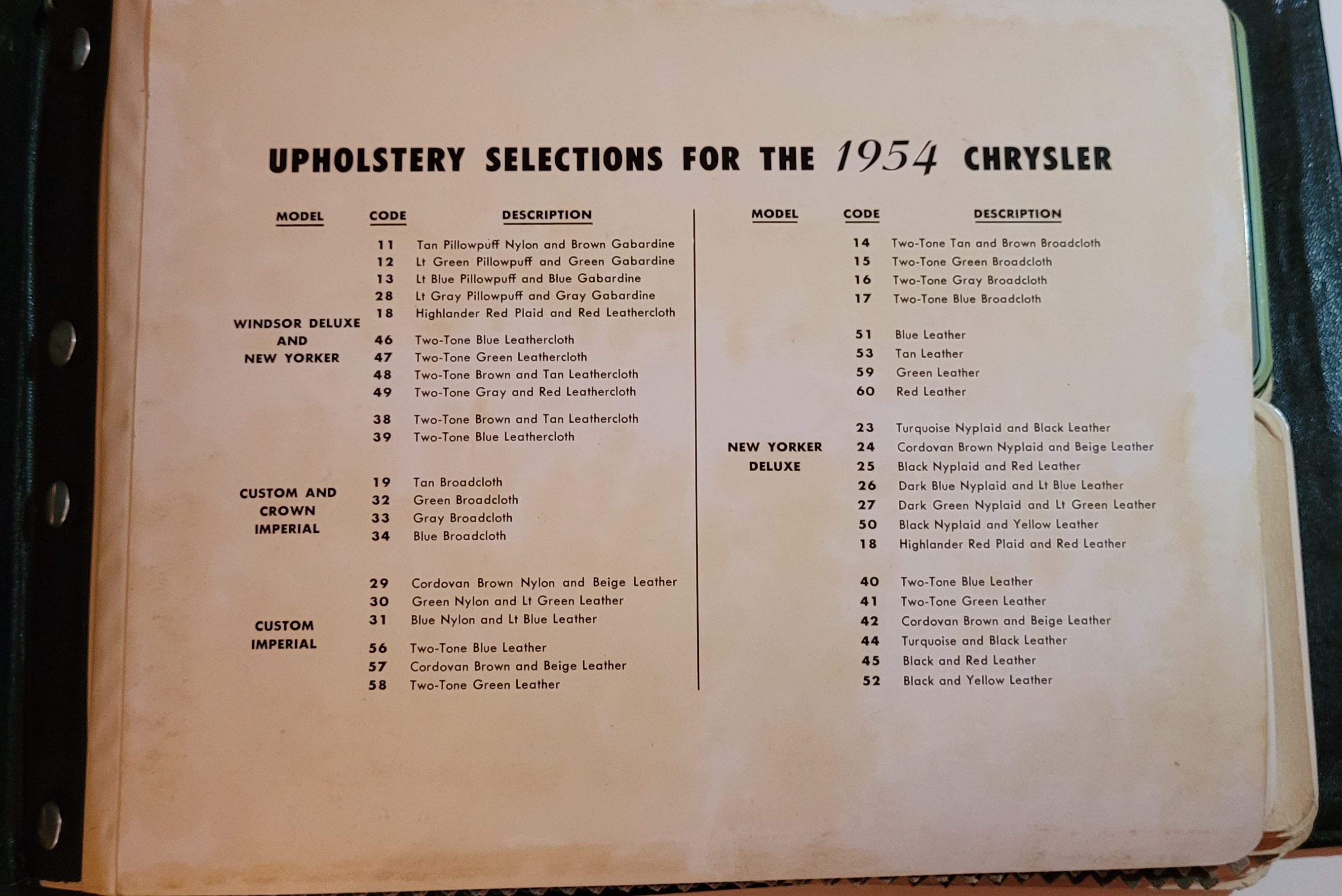 CHRYSLER 1954 UPHOLSTERY SELECTIONS BOOK PAGE ONE